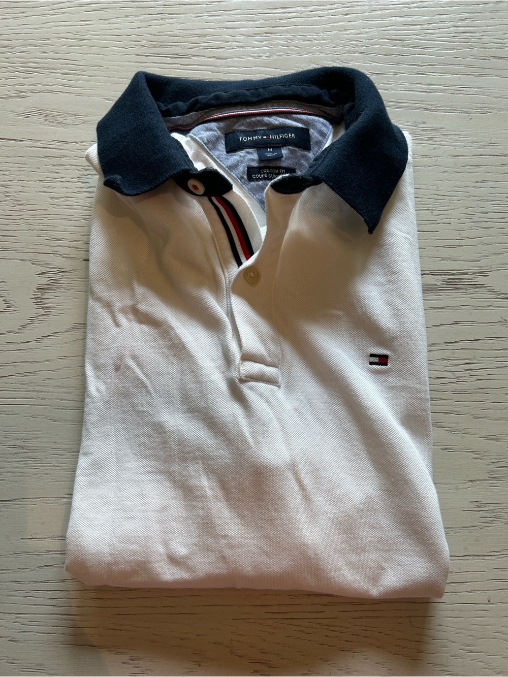 Tommy Hilfiger Men’s 100% Cotton White Polo with Navy Collar and Sleeve Trim